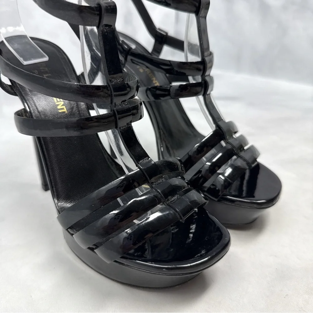 Saint Laurent Bianca 105 Patent Leather Strappy Platform Sandal Heels Black 36.5 - Picture 5 of 16